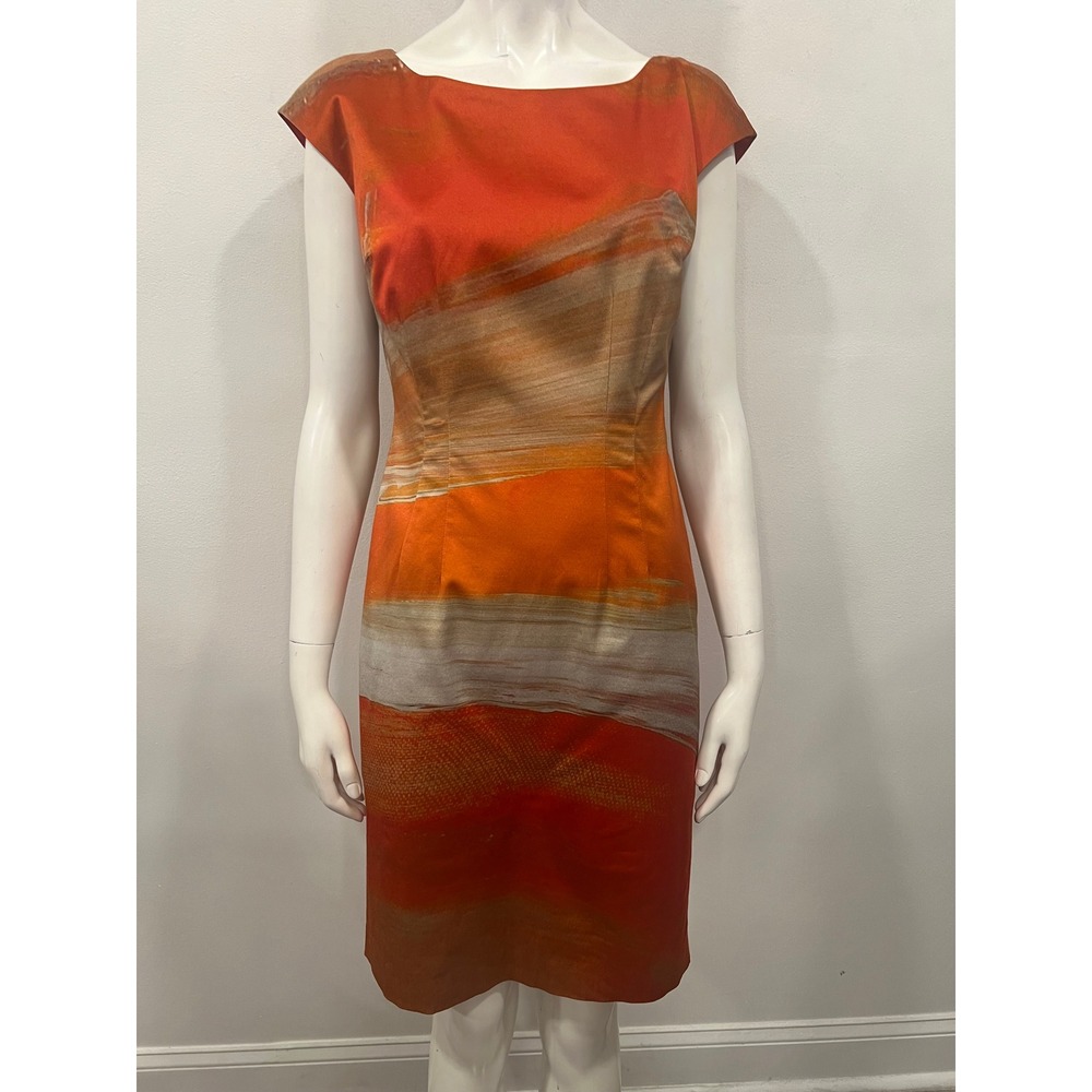Lafayette 148 New York Womens Dress Orange Abstract Cotton Blend Sheath Size 2